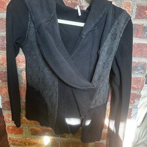 Free people black & charcoal lace draped hoodie